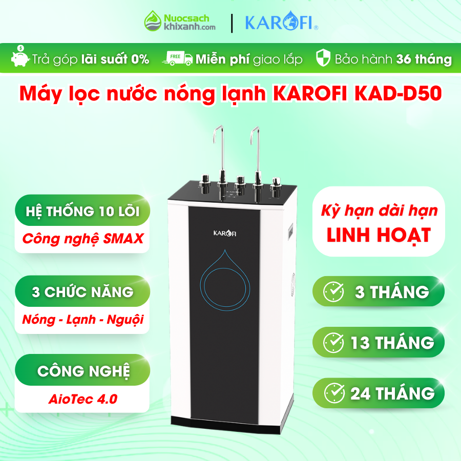 THUÊ MUA KAD D50 MÁY LỌC NƯỚC KAROFI NÓNG LẠNH AIOTEC THÔNG MINH